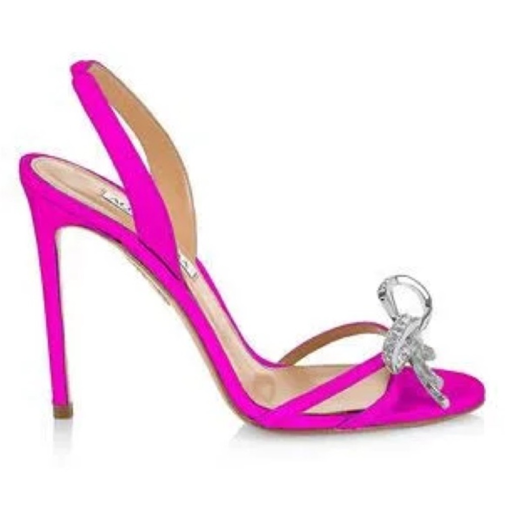 Aquazurra “Babe” Sandal in Bouganvillea (Satin w/Rhinestone Bow) - still boxed